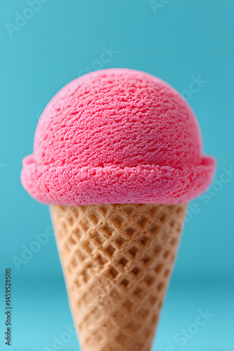Strawberry Ice Cream Scoop on a Waffle Cone. Summer time concept