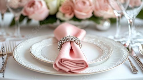 Soft pink napkin with ornate ring arranged for a formal table setting on white
