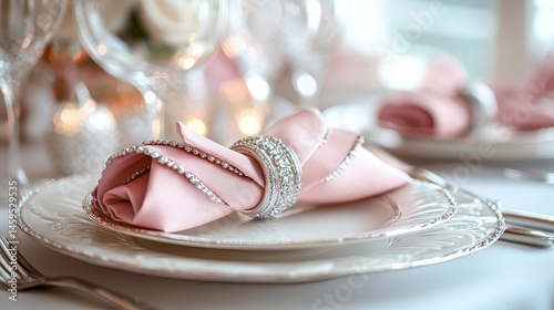 Soft pink napkin with ornate ring arranged for a formal table setting on white