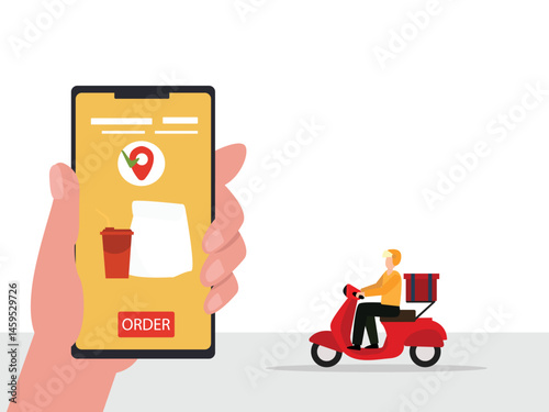 Delivery service by scooter with  package box. Mobile application tracking a delivery man on map.vector illustration