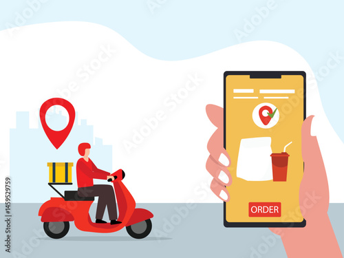 Delivery service by scooter with  package box. Mobile application tracking a delivery man on map.vector illustration