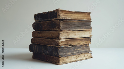 Stack of very old, worn books isolated against a plain white background