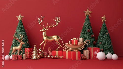 Christmas scene with golden reindeer and sleigh