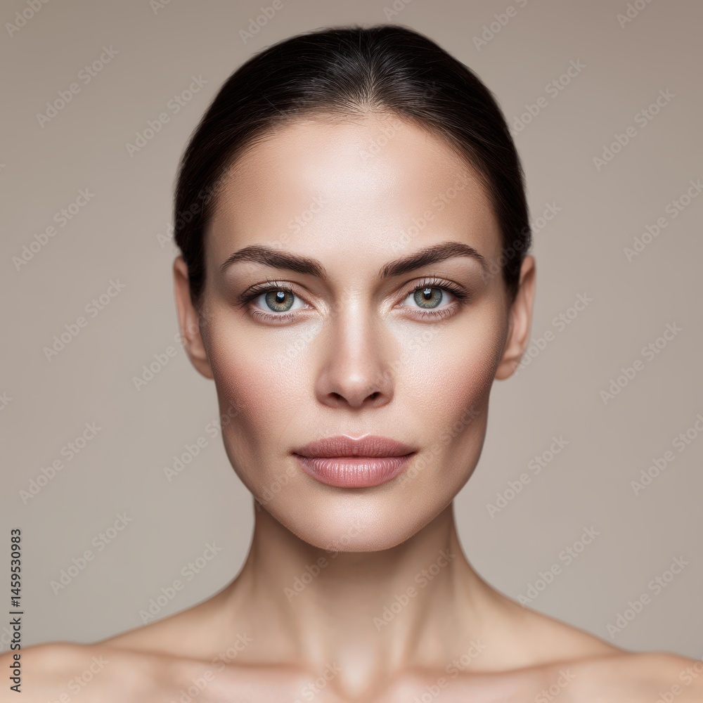 Fototapeta premium Stunning close-up portrait of a confident young woman with flawless skin and captivating green eyes expressing natural beauty and poise in a minimalist aesthetic setting