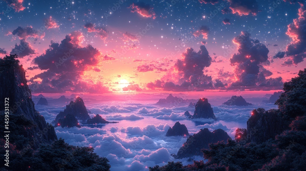 Naklejka premium Vibrant sunset over a sea of clouds and majestic mountains.