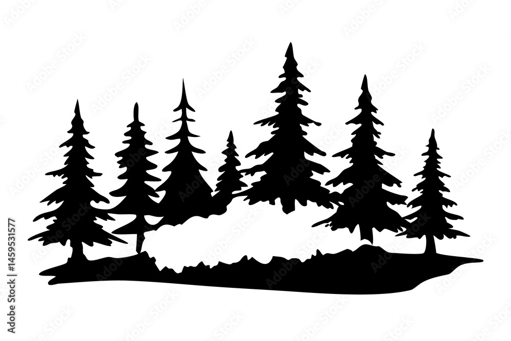 Obraz premium Snowy Forest Silhouette with Pine Trees, Winter Wonderland Scene, Snow-covered Woodland Art, Tranquil Nature Landscape, On Transparent Background