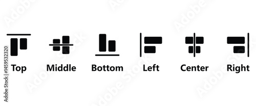 Flat icon set of Align design editor, icon of Top, Middle, Bottom, Left, Center and right for editing position design. Vector Icons Design Pack in transparent background.