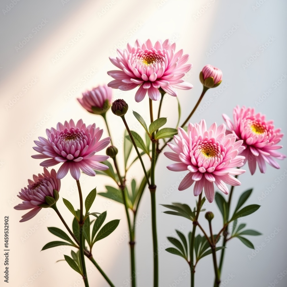 A bouquet of six pink flowers with green stems A bouquet of six pink flowers with green stems