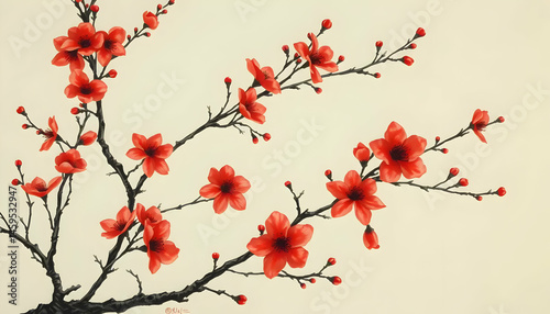 Flower Branch Display With Red Blooms On Beige Background