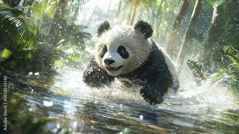 Obraz premium Panda running through a jungle stream