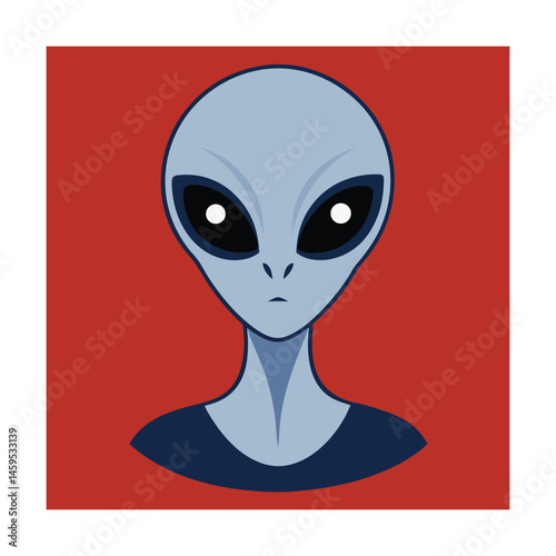 Illustration of a gray alien face in a flat design style on a red background