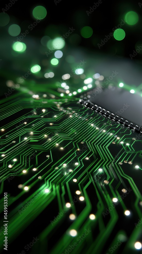 Green Circuit Board with Glowing Lights Network Technology Abstract Background