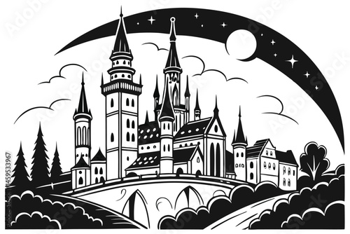79 silhouette cityscape, fantasy town, medieval architecture, spires and towers, black and white, gothic style, fairy tale skyline, intricate details, whimsical buildings, mysterious atmosphere, magic
