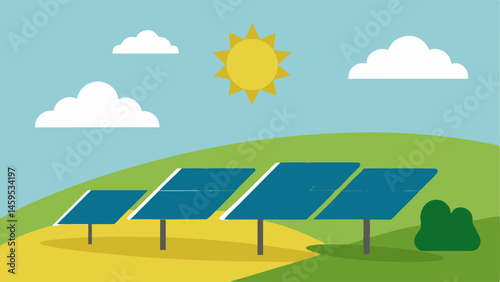 Solar Panel Array A neat array of solar panels positioned on a grassy hillside gleaming under a bright sun with a large tag saying Discounts prominently displayed.