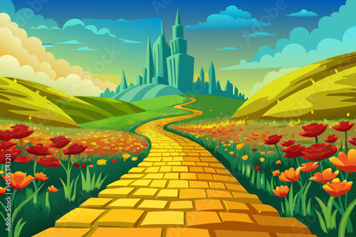 vector of A stunning image of a yellow brick road leading through a poppy field to the emerald green city in the distance. Wizard of Oz concept.
