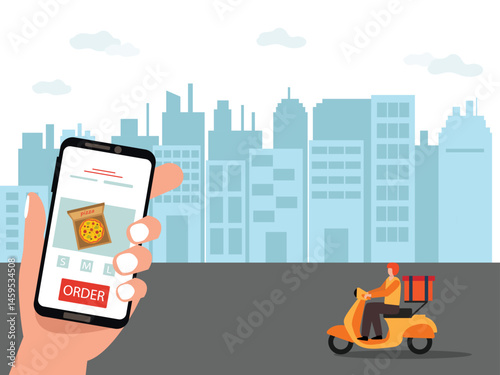Young man online pizza delivery retro scooty, on the road way through city vector illustration.