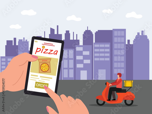 Young man online pizza delivery retro scooty, on the road way through city vector illustration.