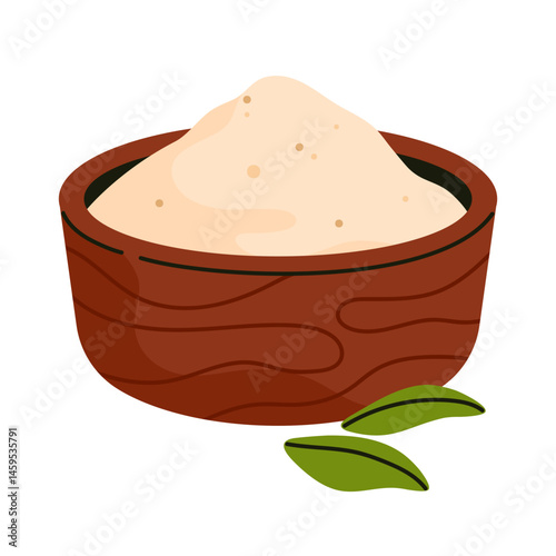 Stevia powder in a wooden bowl with green leaves. Natural sweetener. Organic sugar substitute. Healthy diet and diabetic-friendly product. Vector illustration in cartoon style. Isolated background