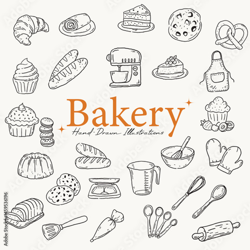Collection of hand-drawn baking illustrations featuring pastries, bread, utensils, and kitchen equipment for cooking and recipe designs.