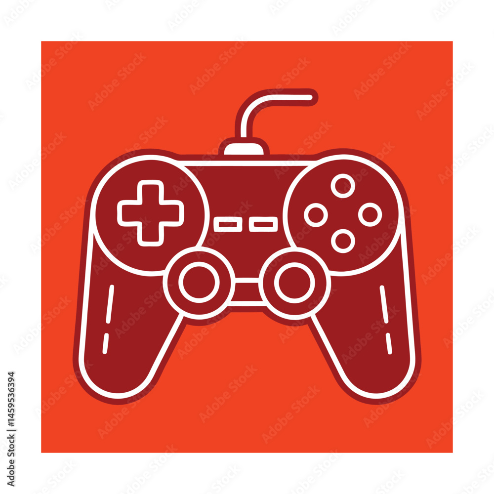 Modern red and white icon illustrating a classic game controller on an orange background Modern red and white icon illustrating a classic game controller on an orange background