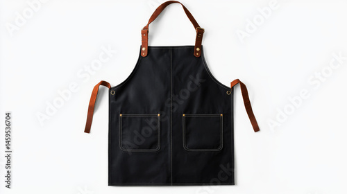 Vector image of a black apron featuring leather straps and two pockets on a white background