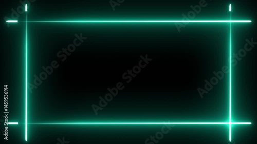 Rectangle picture frame animation icon round retro circle rotate animation on black background. Glowing blue neon light and electricity geometric frame banner.