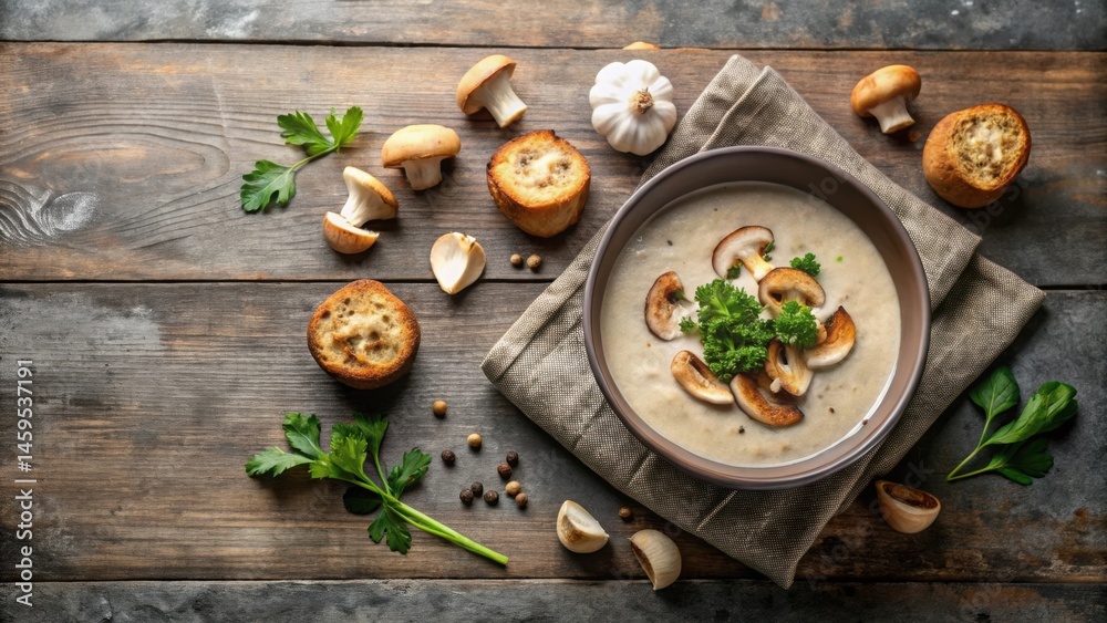 Creamy Mushroom Soup with Toasted Bread Croutons and Fresh Herbs on Rustic Wooden Table Creamy Mushroom Soup with Toasted Bread Croutons and Fresh Herbs on Rustic Wooden Table