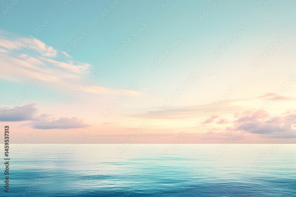 Naklejka premium Calm ocean water reflects a pastel sky with soft clouds at sunrise or sunset.