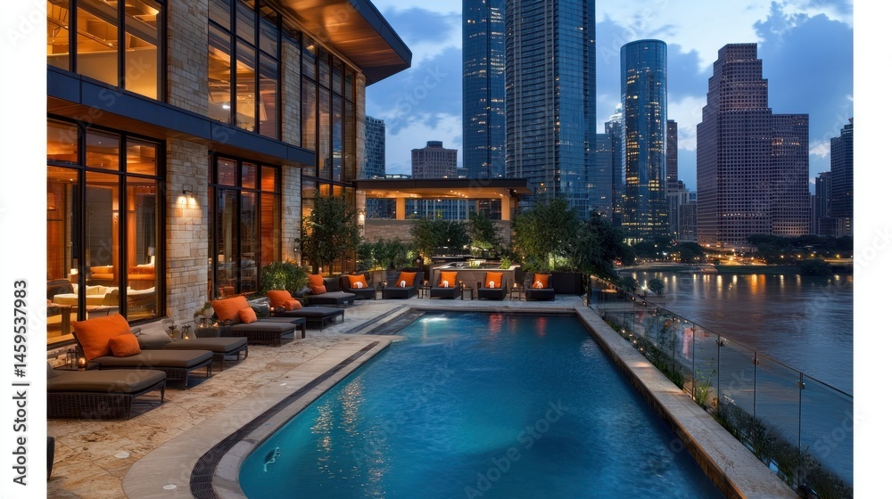 Obraz premium Modern luxury penthouse with city views and rooftop pool. Outdoor living area featuring comfortable seating around a sparkling pool, overlooking a bustling city skyline at twilight