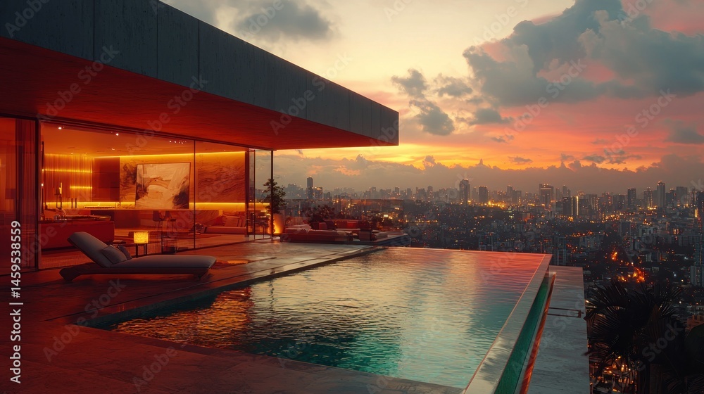 Fototapeta premium Modern penthouse rooftop pool, sunset view
