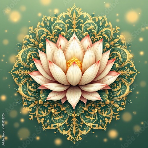Elegant Lotus Flower Mandala with Gold Ornaments on Green Background