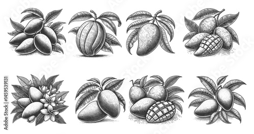mango fruits with leaves and flowers Set collection bundle sketch engraving generative ai vector illustration. Scratch board imitation. Black and white image.