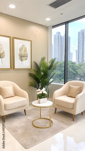 Elegant waiting area with beige armchairs, a small round table, and artwork.  Large windows offer city views