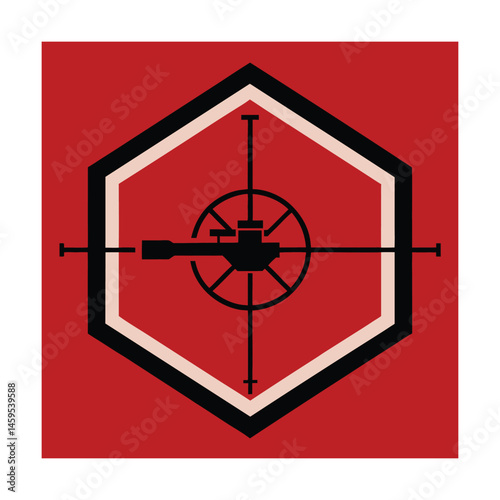 Bold geometric design with a submarine icon on a red background and hexagonal shape.