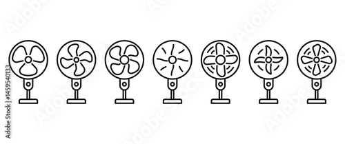 Stand floor fan linear icon set. Fan icon. Home cooling fan. Thin line illustration. Household appliance Vector isolated in transparent background. Icon set. Editable Stroke.