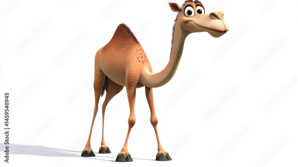 Naklejka premium A cheerful, cartoon camel stands against a white background, its long neck and single hump visible