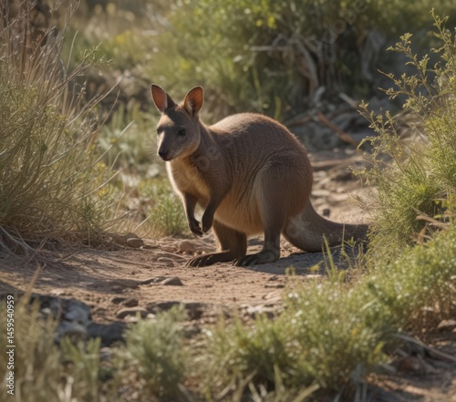 Rock wallaby grazing amongst sparse vegetation, macropod, mammal