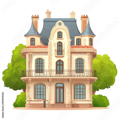 elegant stone house green trees