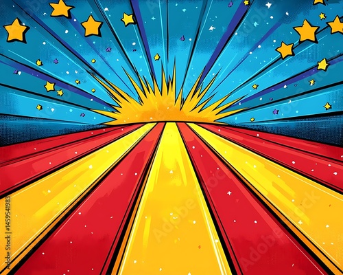 Vibrant comic-style burst, starlit sky, converging lines