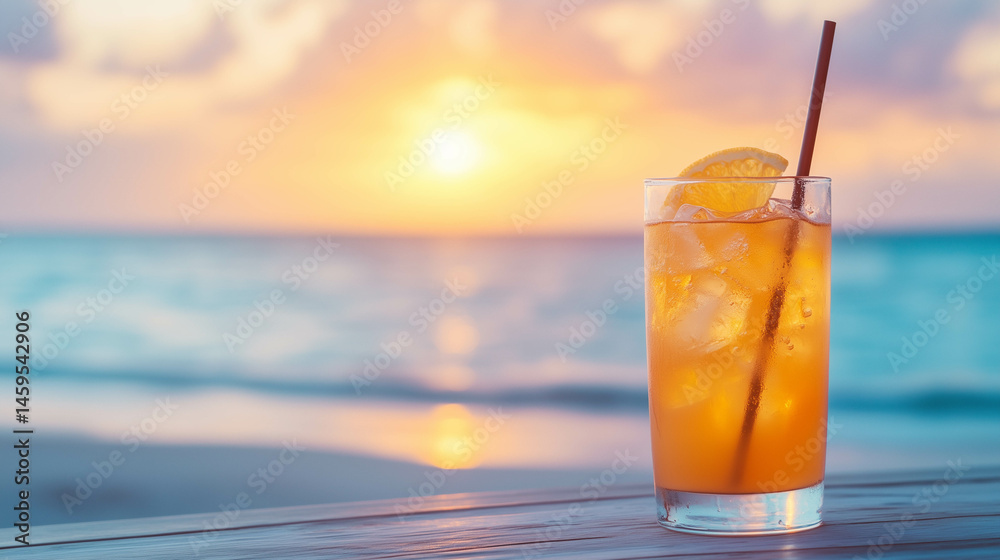 A cocktail at the beach with the ocean in the background..