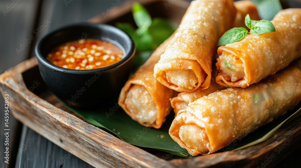 Crispy Thai spring rolls arranged on a banana leaf, accompanied by a small bowl of sweet chili dipping sauce.