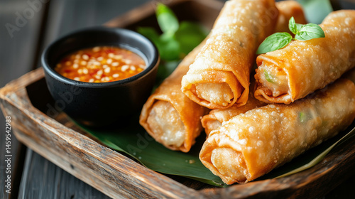 Obraz na płótnie Crispy Thai spring rolls arranged on a banana leaf, accompanied by a small bowl of sweet chili dipping sauce. w salonie