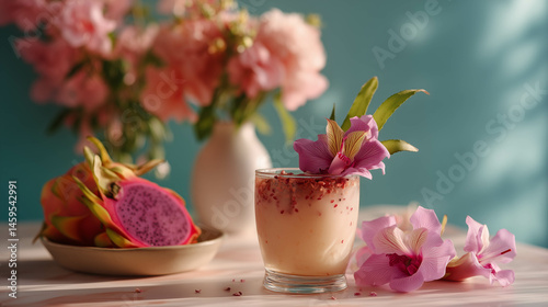 An exotic cocktail with dragon fruit and orchid garnish served in a vintage tiki glass, vibrant neon background..