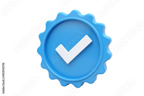 Blue 3D Checkmark Seal of Approval Badge Icon on Transparent Background