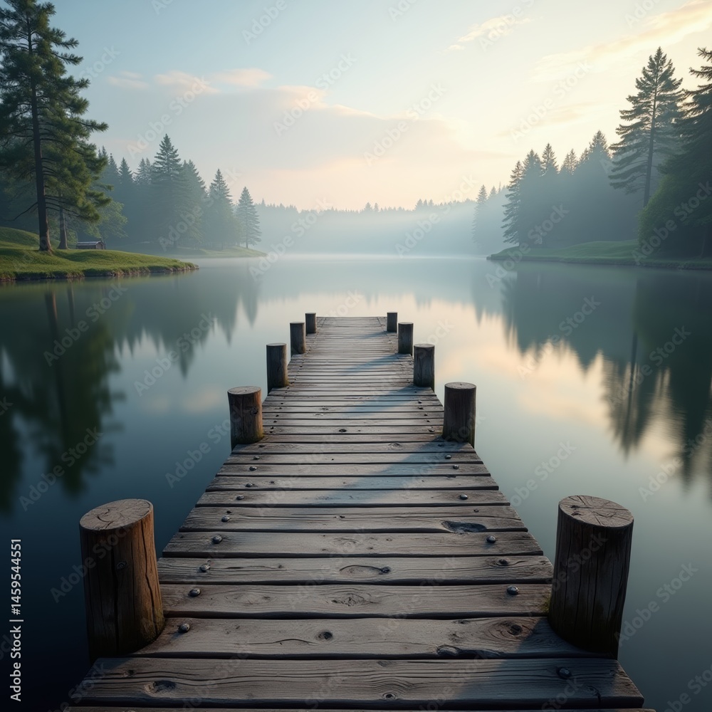 Fototapeta premium Lake view with wooden dock and pine trees during sunset