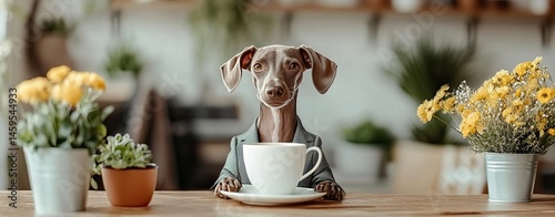 A charming dog sitting at a table with a cup, surrounded by vibrant flowers and plants, showcasing a cozy and joyful atmosphere.