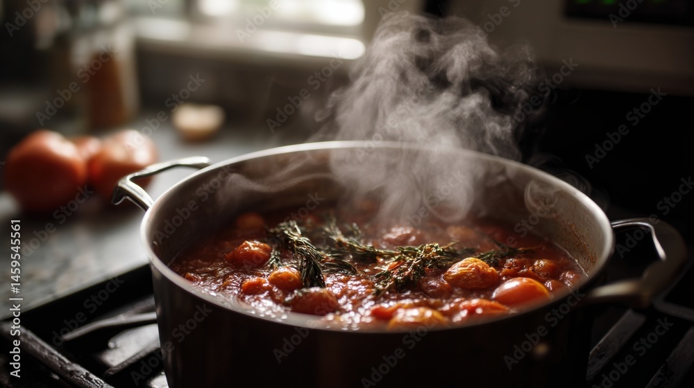 A bubbling pot of homemade tomato sauce simmering on the stove with fragrant steam wafting upward illuminating the warm kitchen ambiance.
