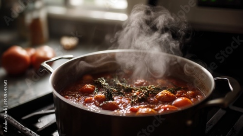 Obraz na płótnie A bubbling pot of homemade tomato sauce simmering on the stove with fragrant steam wafting upward illuminating the warm kitchen ambiance. w salonie