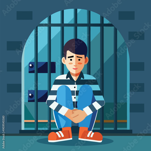 Flat Poster of Prisoner Sitting in Jail Cell – Incarceration Concept