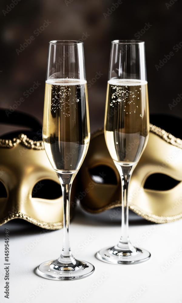 Champagne Coupes Elegant Masks Masquerade Party Glamour Mystery